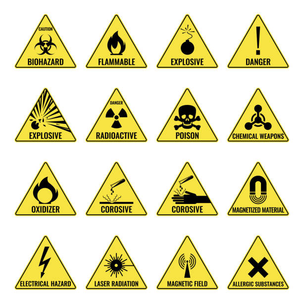 illustrazioni stock, clip art, cartoni animati e icone di tendenza di pericolo avverte l'icona gialla triangual impostata su bianco - danger toxic waste hazardous area sign symbol