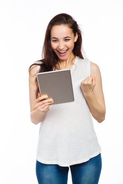 istock Happy woman and digital tablet 678697652