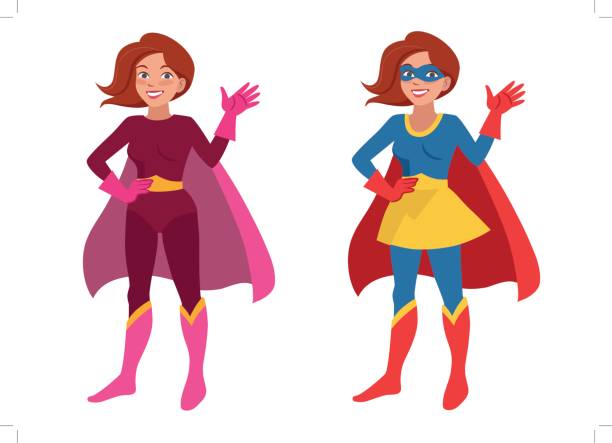 illustrazioni stock, clip art, cartoni animati e icone di tendenza di super eroe donna - mano sul fianco illustrazioni