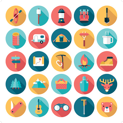 A set of 25 minimalist outdoor activities icon set on round background. Each icon is grouped individually.