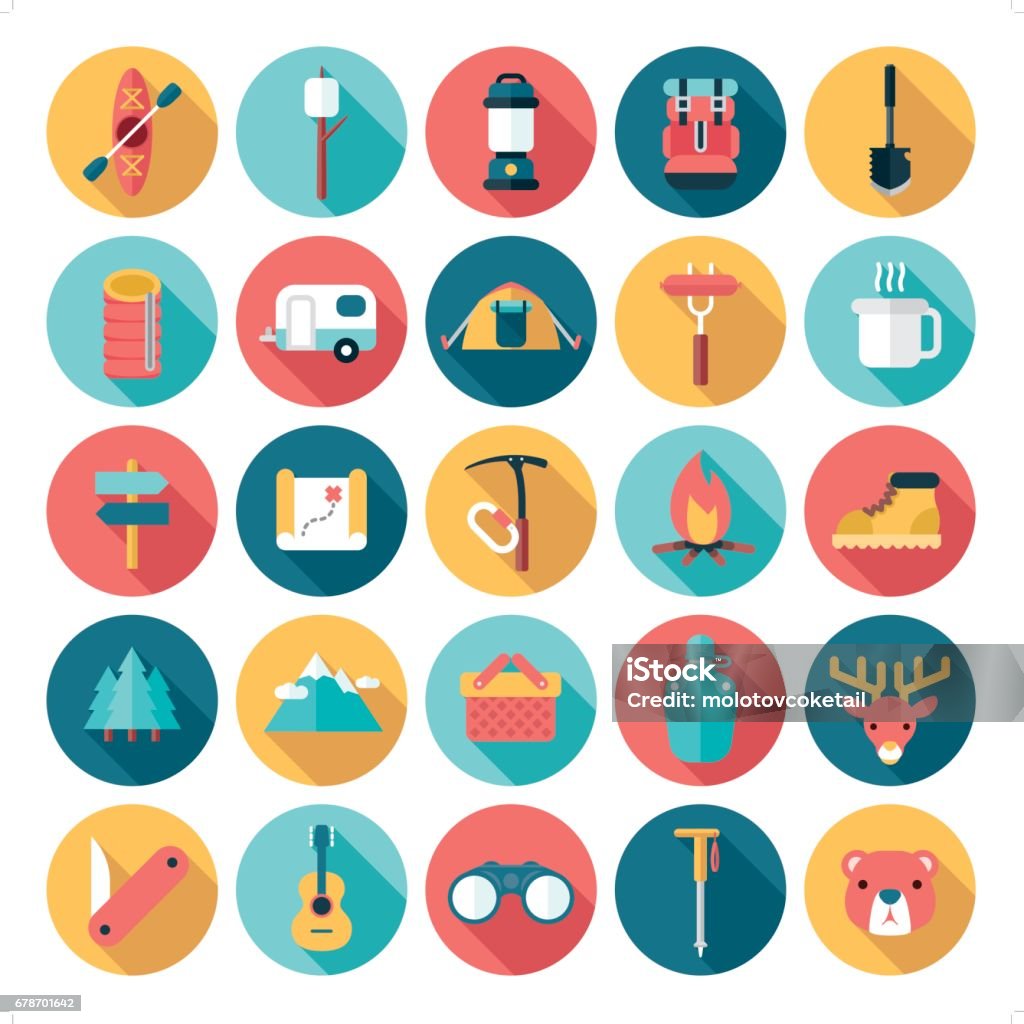 flat modern outdoor activities icon set A set of 25 minimalist outdoor activities icon set on round background. Each icon is grouped individually. Icon stock vector