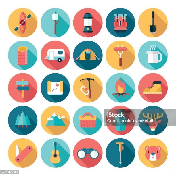 Flat Modern Outdoor Activities Icon Set Stock Illustration - Download Image Now - Icon, Hiking, Mountain