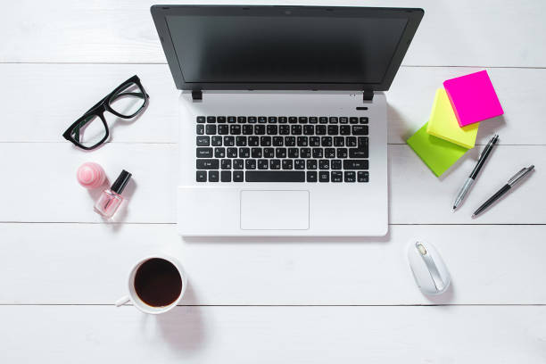 istock Workspace with laptop, green flower in a pot, mint diary on white background 678719928