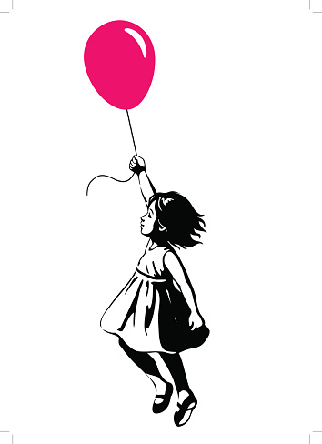 Vector hand drawn black and white silhouette illustration of a toddler girl floating in mid-air with pink red balloon in hand, side view. Urban street art style graffiti stencil art design element.