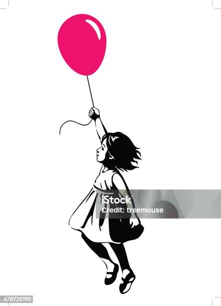 Little Girl Floating With A Red Balloon Street Art Graffiti Style Stock Illustration - Download Image Now