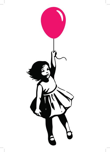Little girl in summer dress floating on red balloon street art graffiti style Vector hand drawn black and white silhouette illustration of a cute little toddler girl in a summer dress floating in mid air, holding a pink red balloon. Street art stencil style design element stencil stock illustrations