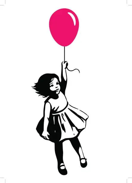 Vector illustration of Little girl in summer dress floating on red balloon street art graffiti style