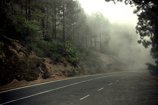 Horizontal shot of a solitary road, cold atmosphere, uninviting mountain landscape, low level clouds and fog.