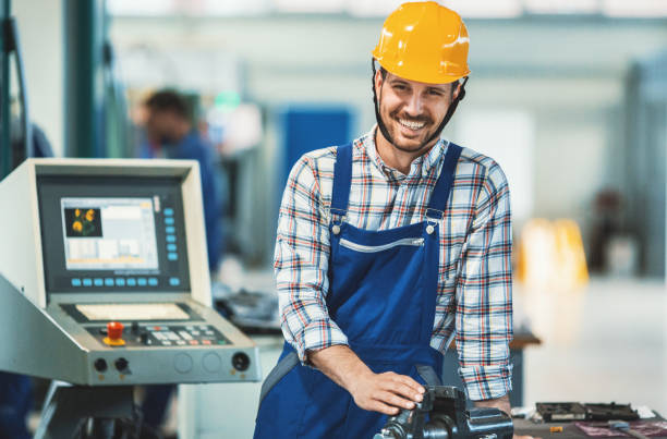 factory worker. - manual worker portrait helmet technology imagens e fotografias de stock