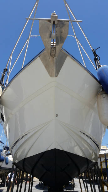 istock Yacht on land - hull and bow close-up 678753894