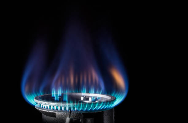 Flame of a gas burner on a black background Flame of a gas burner on a dark background burner stove top photos stock pictures, royalty-free photos & images