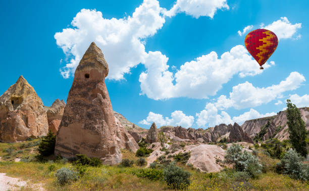 Hot air balloon flying over Cappadocia region, Turkey