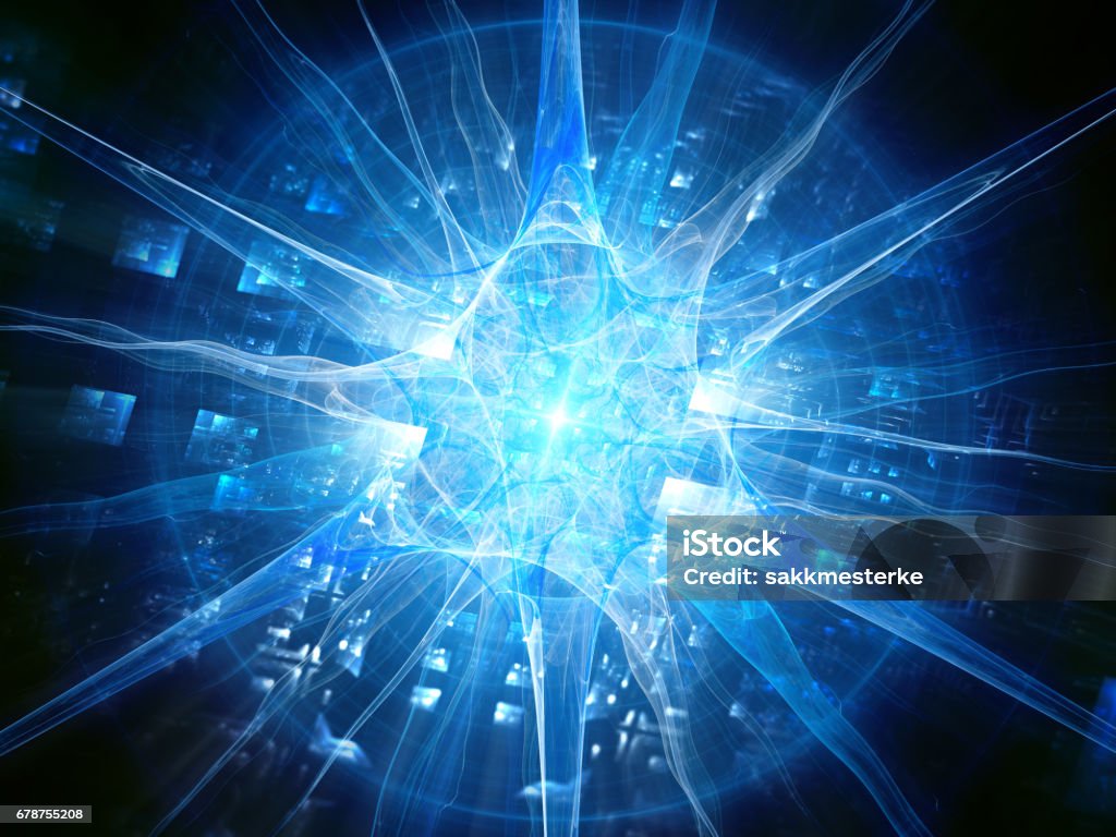 Futuristic blue glowing human neuron with chip, futuristic biotechnology Futuristic blue glowing human neuron with chip, futuristic biotechnology, computer generated abstract background, 3D rendering Digitally Generated Image Stock Photo