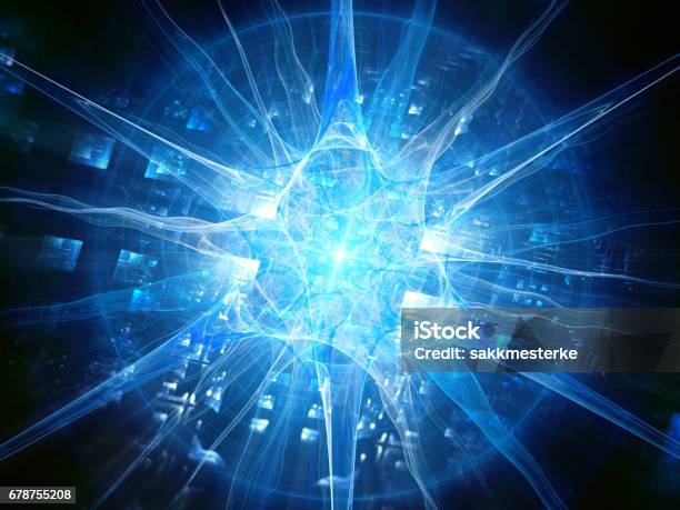 Futuristic Blue Glowing Human Neuron With Chip Futuristic Biotechnology Stock Photo - Download Image Now
