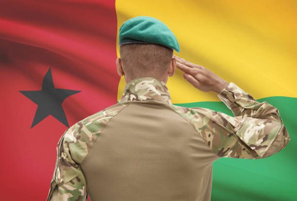 istock Dark-skinned soldier with flag on background - Guinea-Bissau 678755358
