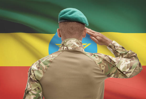istock Dark-skinned soldier with flag on background - Ethiopia 678756208