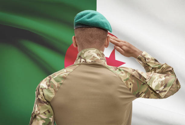 istock Dark-skinned soldier with flag on background - Algeria 678756800