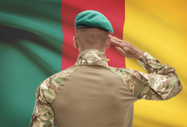istock Dark-skinned soldier with flag on background - Cameroon 678757592