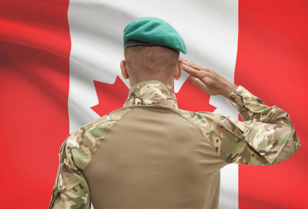 Dark-skinned soldier with flag on background - Canada stock photo