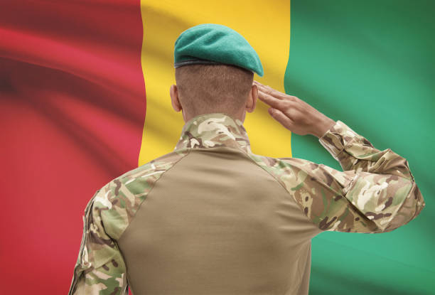 istock Dark-skinned soldier with flag on background - Guinea 678771164