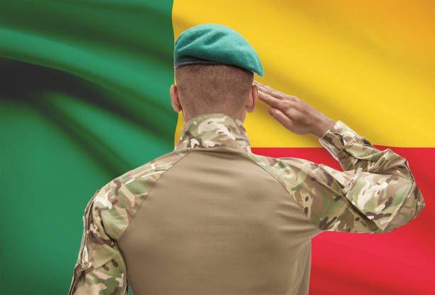 istock Dark-skinned soldier with flag on background - Benin 678771384