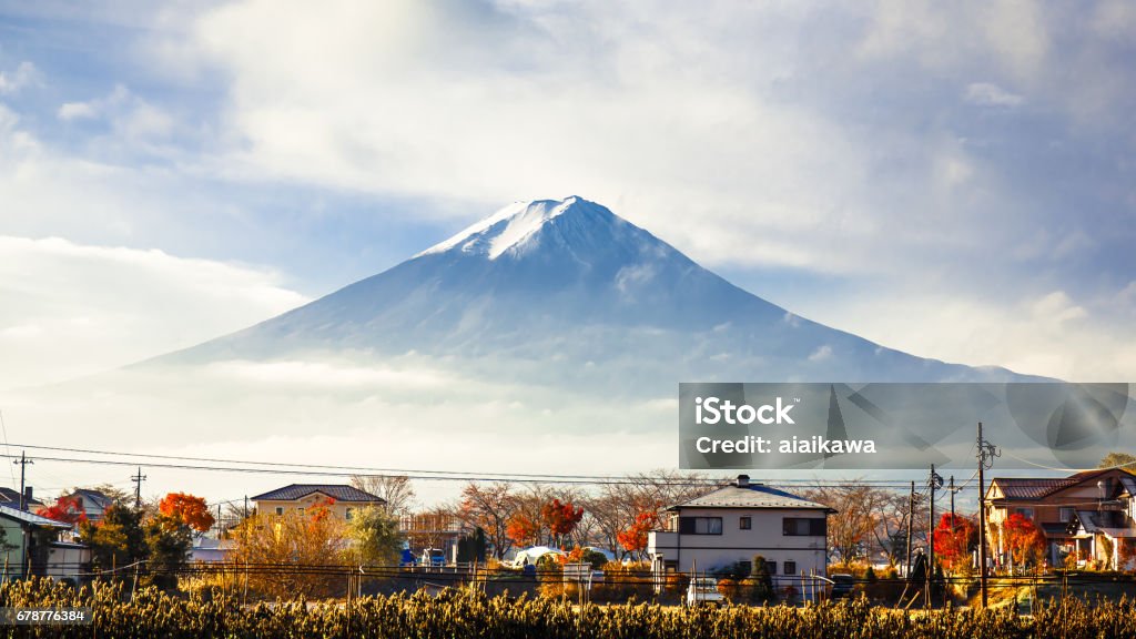 Mt. Fuji view from kawaguchi-ko lake village in autumn season, Japan Mt. Fuji view from kawaguchi-ko lake village in autumn season, Yamanashi, Japan Autumn Stock Photo