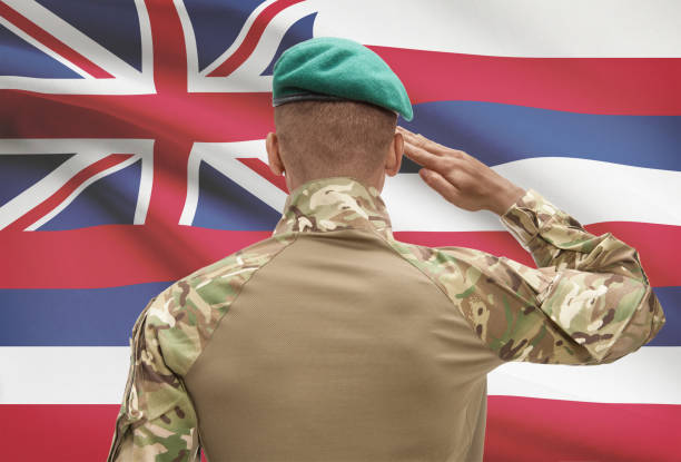 istock Dark-skinned soldier with US state flag on background - Hawaii 678780538