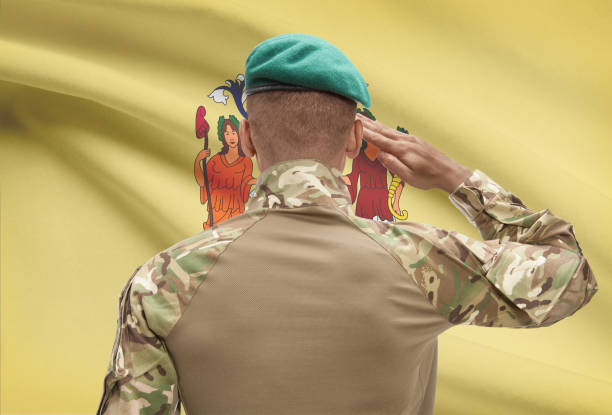 istock Dark-skinned soldier with US state flag on background - New Jersey 678786482