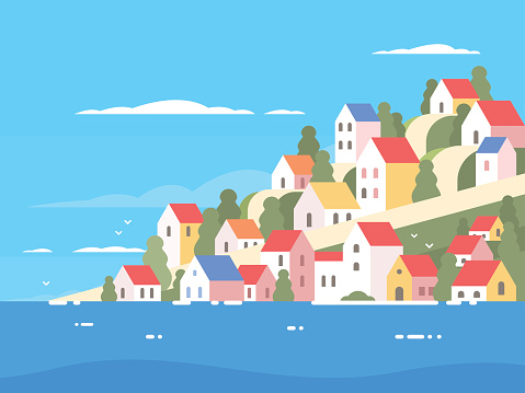 Houses on coast of Greece. Sunny sea shore. Vector illustration