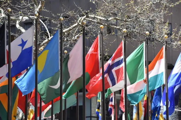 world flags at the entrance to the building