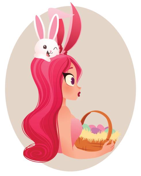 easter bunny girl abbildung. lächelnde mädchen tragen hasenohren hält einen korb mit eiern. - bunny girl stock-grafiken, -clipart, -cartoons und -symbole