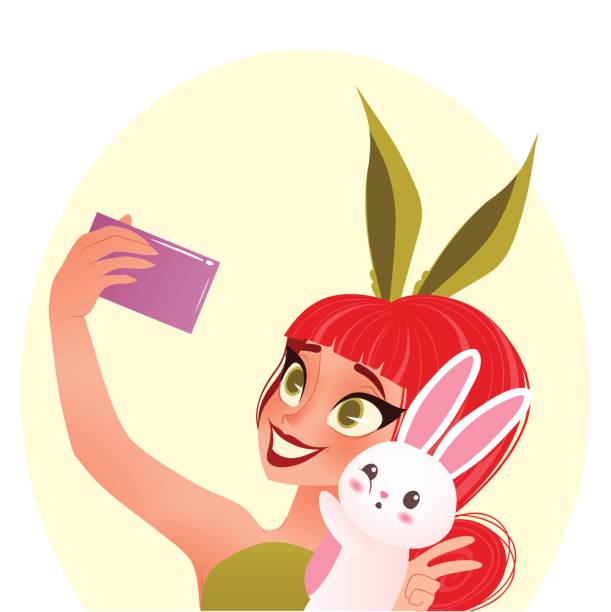 ilustraciones, imágenes clip art, dibujos animados e iconos de stock de ilustración de chica del conejito de pascua. joven sonriente con orejas de conejo lleva selfie con conejito - bunny girl