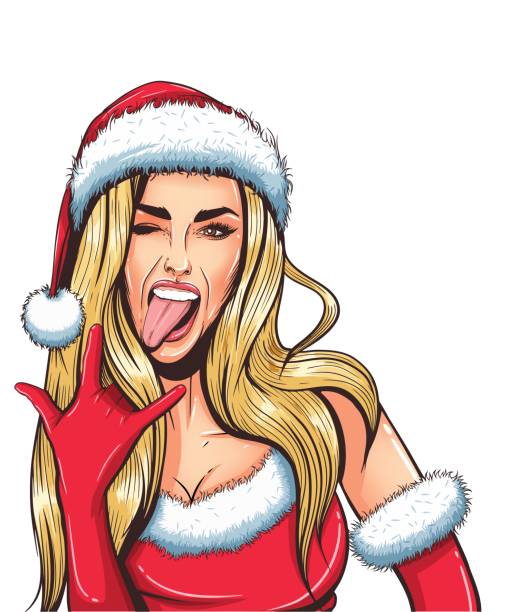 bildbanksillustrationer, clip art samt tecknat material och ikoner med pop art jul sexig kvinna i jultomten hatt med öppna mun. - tomtekvinna