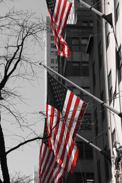 istock Skyscraper with US flag at the entrance 678796612