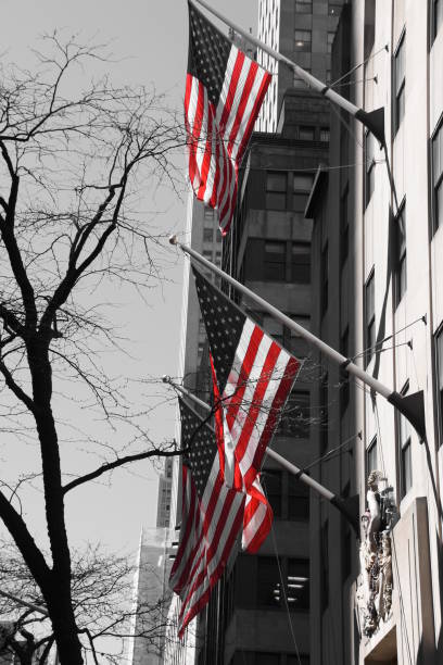 istock Skyscraper with US flag at the entrance 678797204