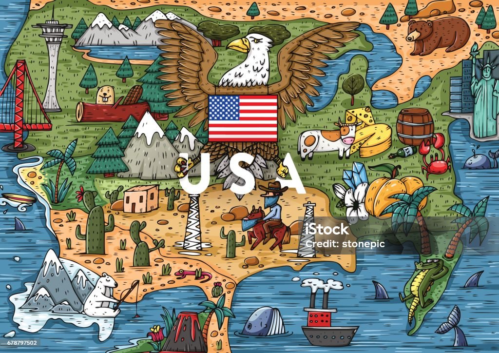 Funny Hand Drawn Cartoon Usa Map With Most Popular Places Of Interest Stock Illustration - Download Image Now - iStock Funny Hand Drawn Cartoon Usa Map With Most Popular Places Of Interest Stock Illustration - Download Image Now - iStock