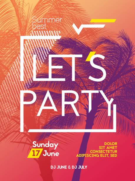 Summer time party poster design template Summer time party poster design template with palms trees silhouettes. Modern style. Vector illustration beach party stock illustrations