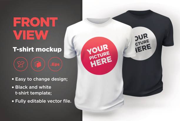 Men's white and black t-shirt with short sleeve mockup. Front view Men's white and black t-shirt with short sleeve mockup. Front view. Vector template. sport set competition round stock illustrations