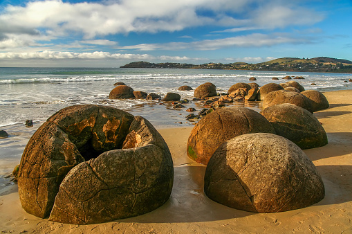 Moeraki boulders on the beach during low tide, Moeraki, New Zealand