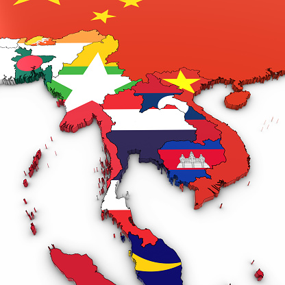 3D Map of Southeast Asia with National Flags on White Background 3D Illustration
