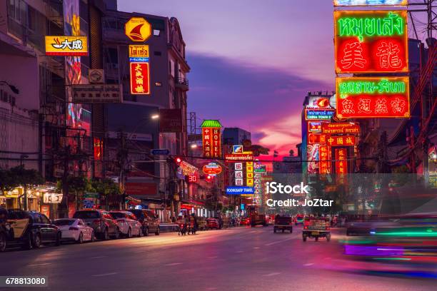 1 May 2017 Communication Background Day To Night The Traffic Yaowarat Road In Chinatown The Big Market Is Shopping And Foods Street The One Of Landmarks At Night In Bangkok Thailand Stock Photo - Download Image Now