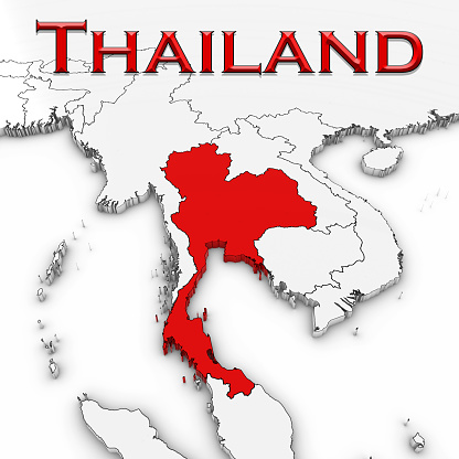 3D Map of Thailand with Country Name Highlighted Red on White Background 3D Illustration