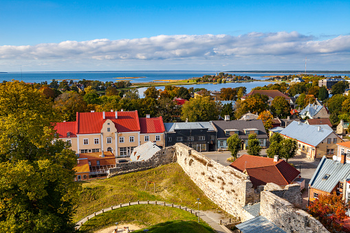 Panoramic view of small town Haapsalu from castle tower, coast of Baltic sea, Estonia