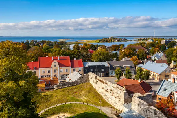 Photo of Panoramic view of small town Haapsalu from castle tower, coast of Baltic sea, Estonia