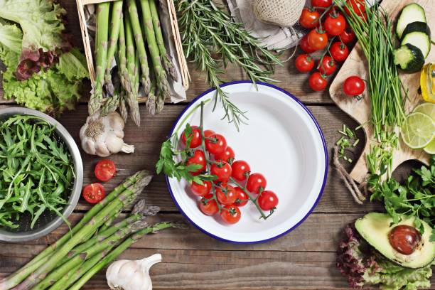 Vegetables and herbs.Seasonal table for vegetarian, clean eating and super food concept ingredients .