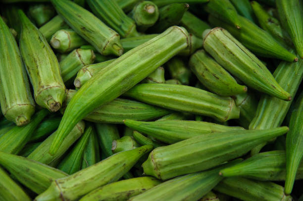 istock Food background - fresh okra plant 678830886
