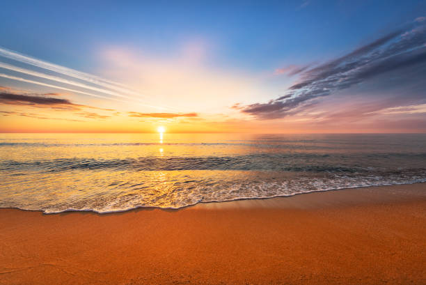 istock Beautiful tropical sunrise on the beach. Golden sands. 678837012