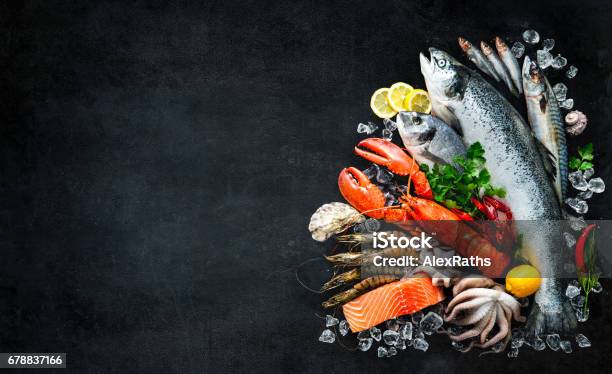 Fresh Fish And Seafood Stock Photo - Download Image Now - Seafood, Backgrounds, Fish