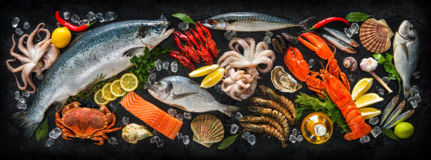 poissons et fruits de mer frais - lobster prepared shellfish meal seafood photos et images de collection