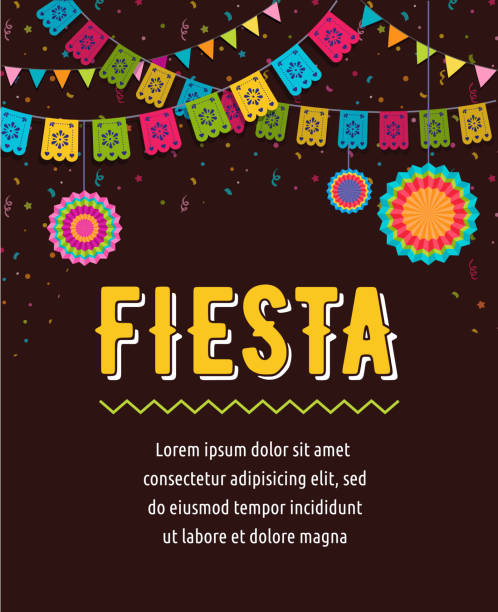 ilustrações, clipart, desenhos animados e ícones de projeto de plano de fundo, banner e cartaz fiesta mexicana com bandeiras, decorações, cartão - carnaval